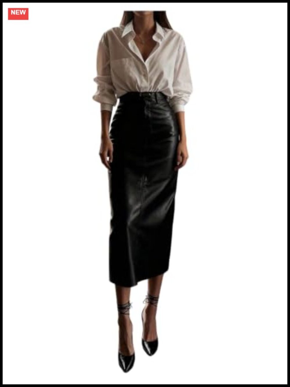 Faux Leather High Waisted Pencil Midi Skirt with Pockets & Belt Work Skirt